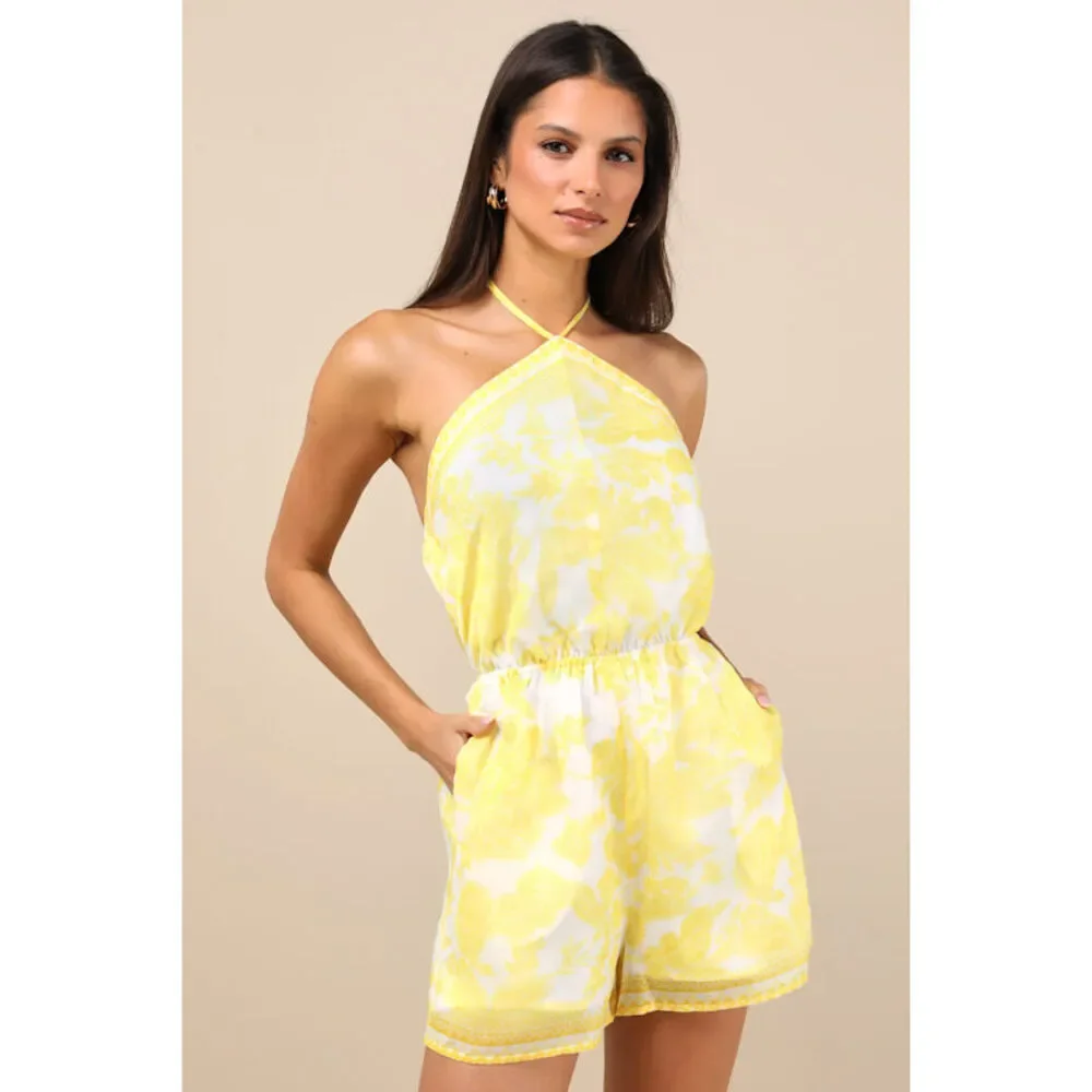 Lulus Moya Yellow And White Floral Halter Romper - Size L